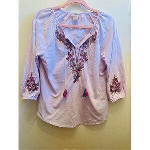 Chicos Pink Boho Style Hand Embroidered Tassel Front Top Size Medium